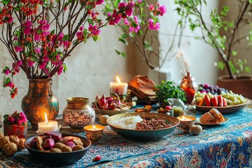 Fototapeta premium Haft Seen traditional table of Nowruz. Persian new year decoration,Tabletop with Haft-seen elements for Novruz, Cultural feast.Traditional celebration of spring in March, Novruz Holiday.