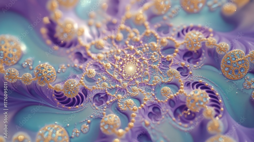 Poster abstract fractal art with intricate golden patterns and soft teal and purple swirls, highlighting a 
