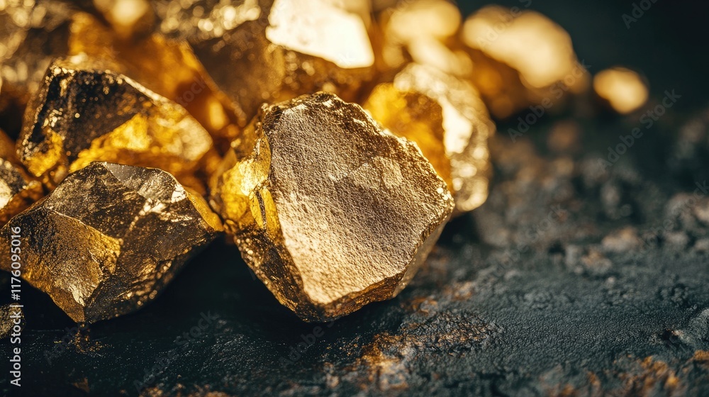 Poster a close-up of a natural raw gold nugget cluster on a black background, showcasing the intricate beau