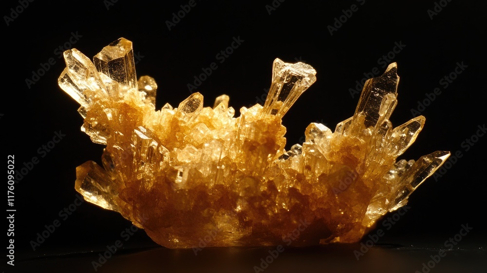 Poster a close-up of a natural raw gold nugget cluster on a black background, showcasing the intricate beau