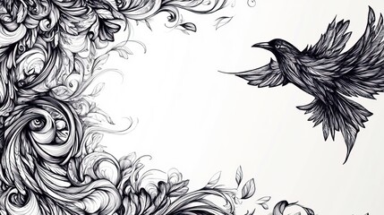Fototapeta premium Raven flying near floral ornament sketch.