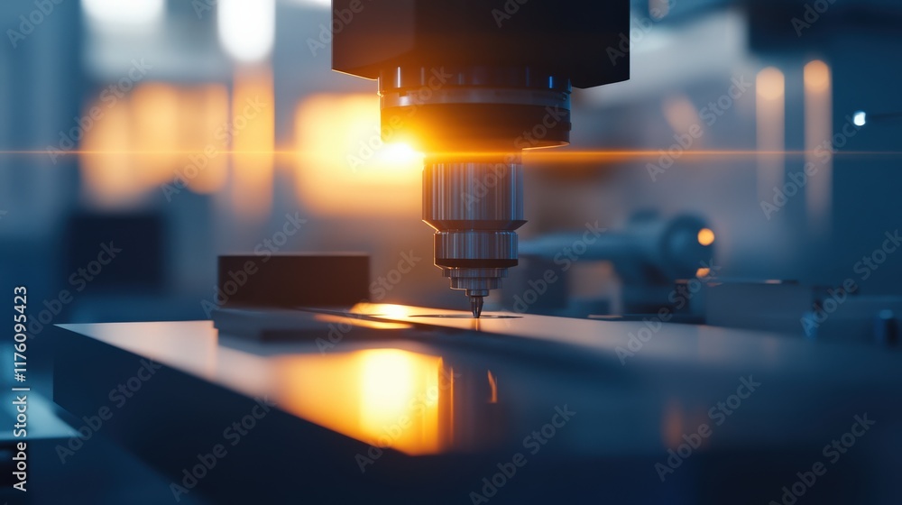 Poster precision laser cutting process with warm lighting during evening hours in a high-tech manufacturing