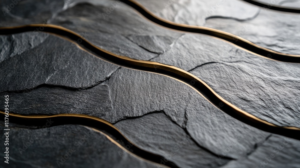 Aufkleber A close-up view of textured black slate tiles arranged in an overlapping pattern, highlighting the organic and sophisticated feel.