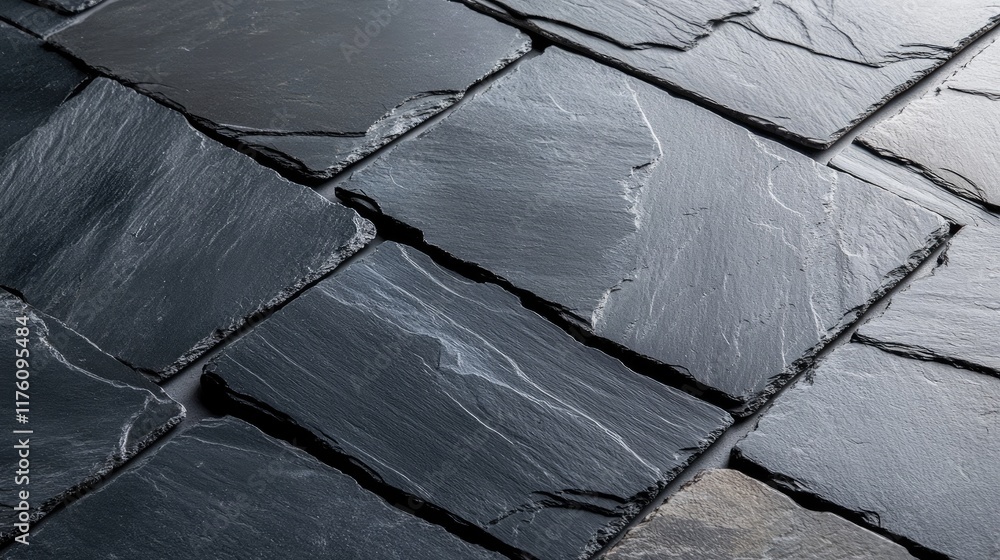 Aufkleber A close-up view of textured black slate tiles arranged in an overlapping pattern, highlighting the organic and sophisticated feel.