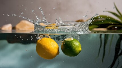 A vibrant splash of a yellow lemon and green lime colliding in clear water, creating dynamic ripples and bubbles under soft lighting.