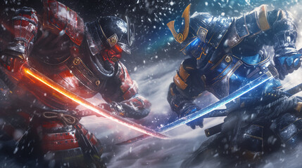 Samurai, Japan, Japanese, ninja, katana, Japanese sword, duel, art, scene, cool, luminous, magic circle, mandala, emotion, sunset, beauty, war, battle, armor, warrior, snow, mountain, Fuji,