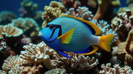 Vibrant blue angelfish swimming amidst coral reef.