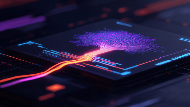 Glowing neon circuit board with dynamic light trails, futuristic technology concept