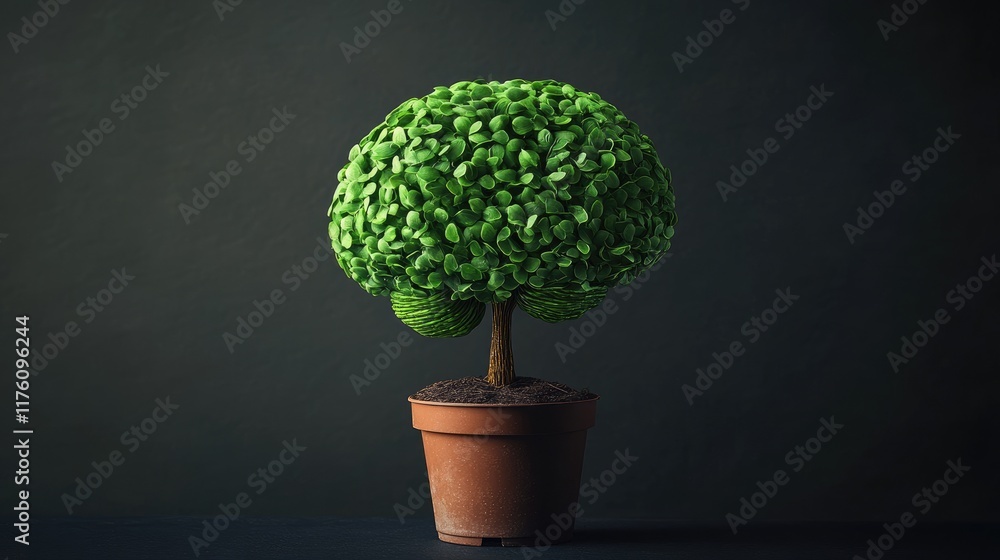 Poster a conceptual plant in the shape of a brain, set in a pot against a dark background, representing cre