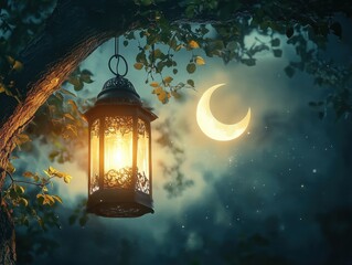 Illuminated Lantern Hanging From Tree Branch Under Crescent Moon