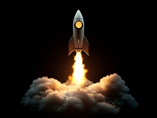 Creative light bulb rocket with blast and clouds takes off on a dark background, Successful launch start up, creative idea concept - ai