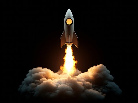 Creative light bulb rocket with blast and clouds takes off on a dark background, Successful launch start up, creative idea concept - ai