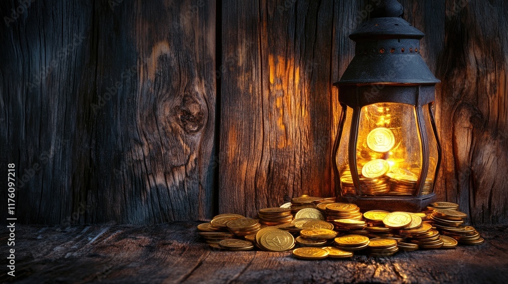 Poster a dimly lit rustic lantern casting a warm glow on a pile of gold coins on a wooden surface, perfect 