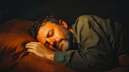 Fototapeta premium Handsome American man 40-year-old is sleeping on a bed, the background is dark but his face brightly shines through. The man needs to be on the far right of the picture, Perfect saturation 