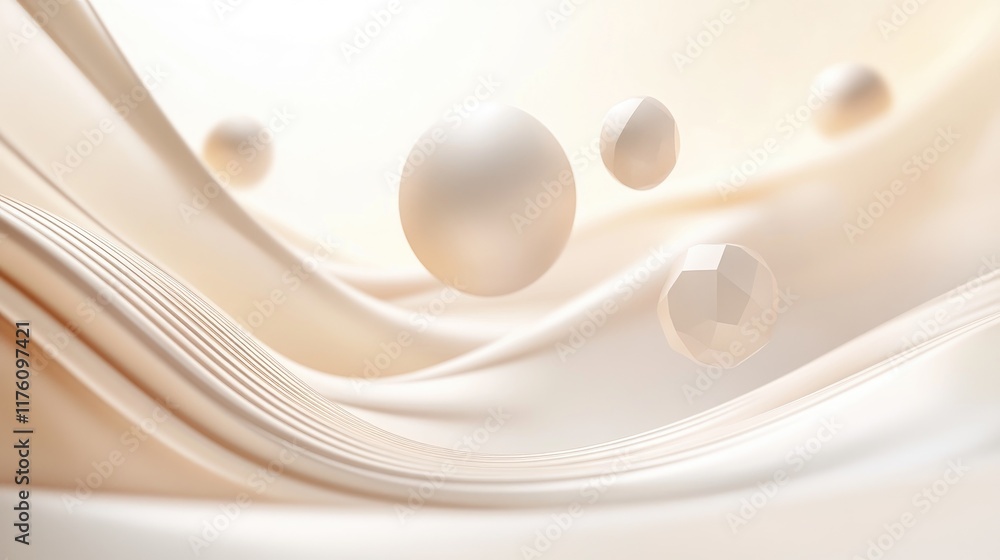 Aufkleber a dynamic, abstract creamy wave with floating geometric shapes, including spheres and cubes, evoking