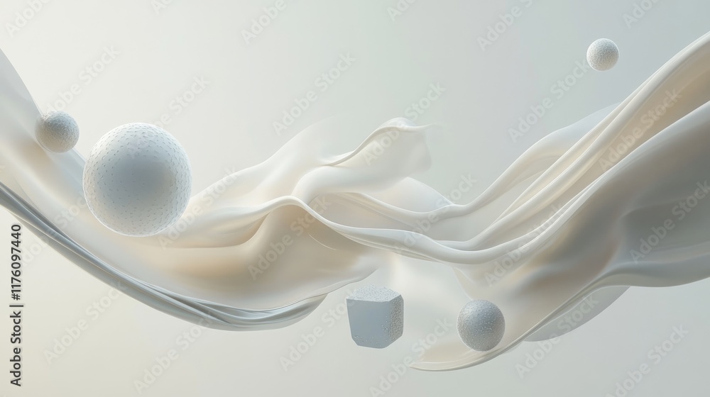 Poster a dynamic, abstract creamy wave with floating geometric shapes, including spheres and cubes, evoking