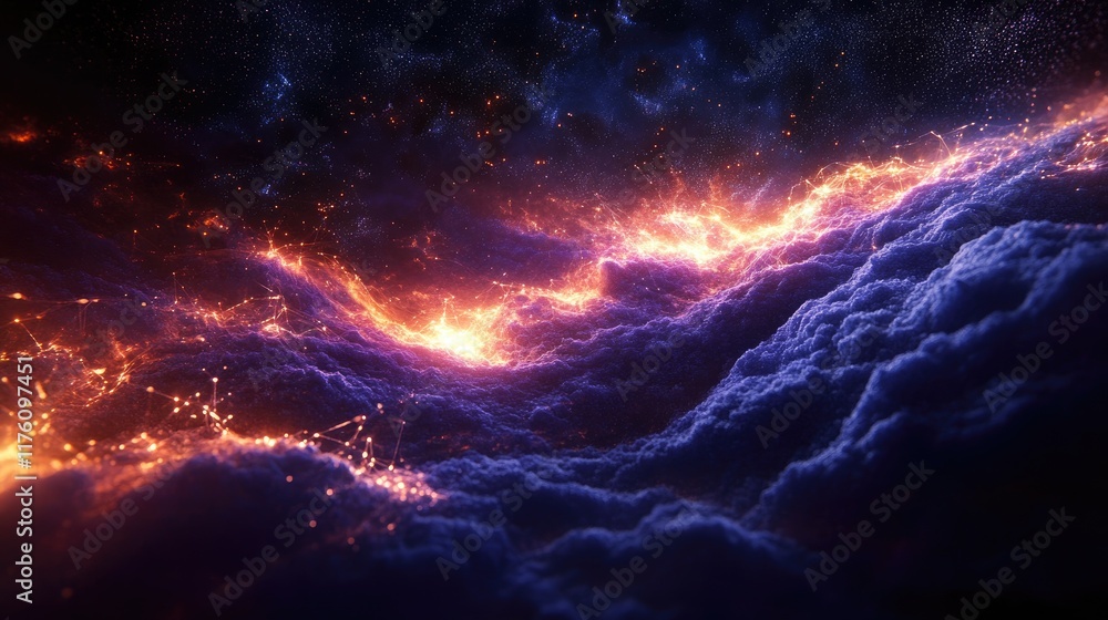 Poster a dynamic abstract surface glowing with bright luminous nodes, set against a vast dark space, symbol