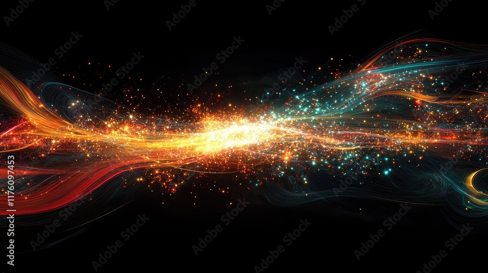 Poster a dynamic abstract surface glowing with bright luminous nodes, set against a vast dark space, symbol