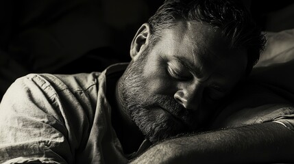 Handsome American man 40-year-old is sleeping on a bed, the background is dark but his face brightly shines through. The man needs to be on the far right of the picture, Perfect saturation 