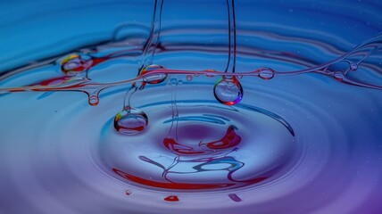 Close-up of colorful water droplets creating mesmerizing ripples on a vibrant blue surface.
