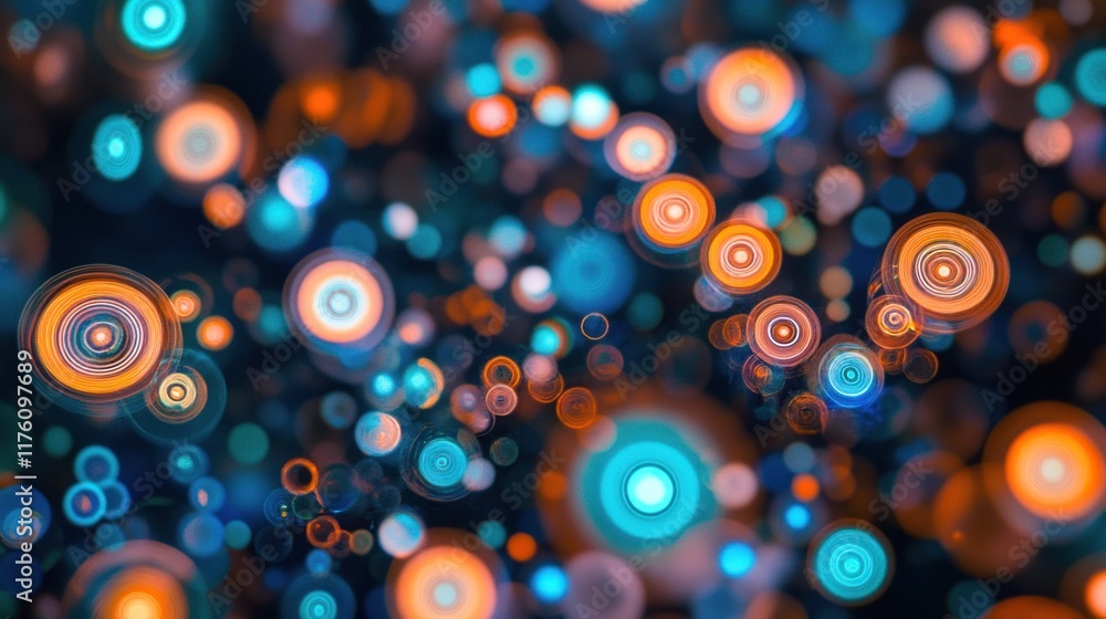 Poster abstract colorful background with circular bokeh orbs in orange and turquoise hues creating a dreamy