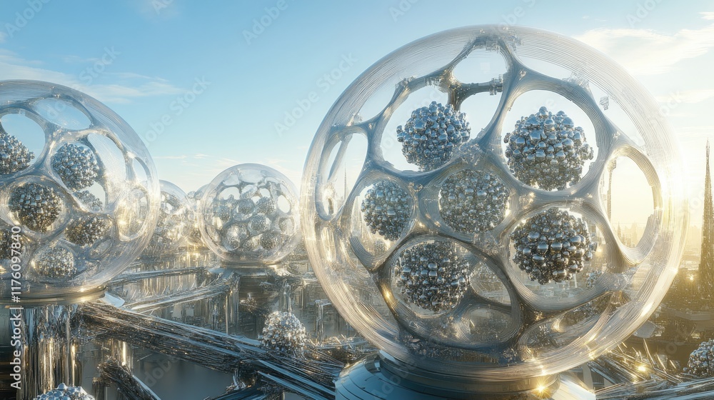 Poster A futuristic nanotechnology network with interconnected spherical structures, showcasing molecular-level precision and complexity.