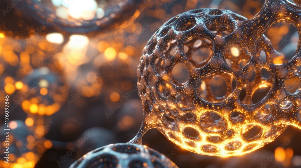 Poster A futuristic nanotechnology network with interconnected spherical structures, showcasing molecular-level precision and complexity.