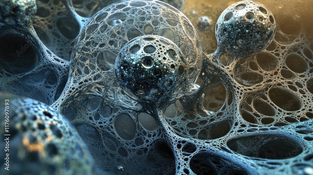 Poster A futuristic nanotechnology network with interconnected spherical structures, showcasing molecular-level precision and complexity.
