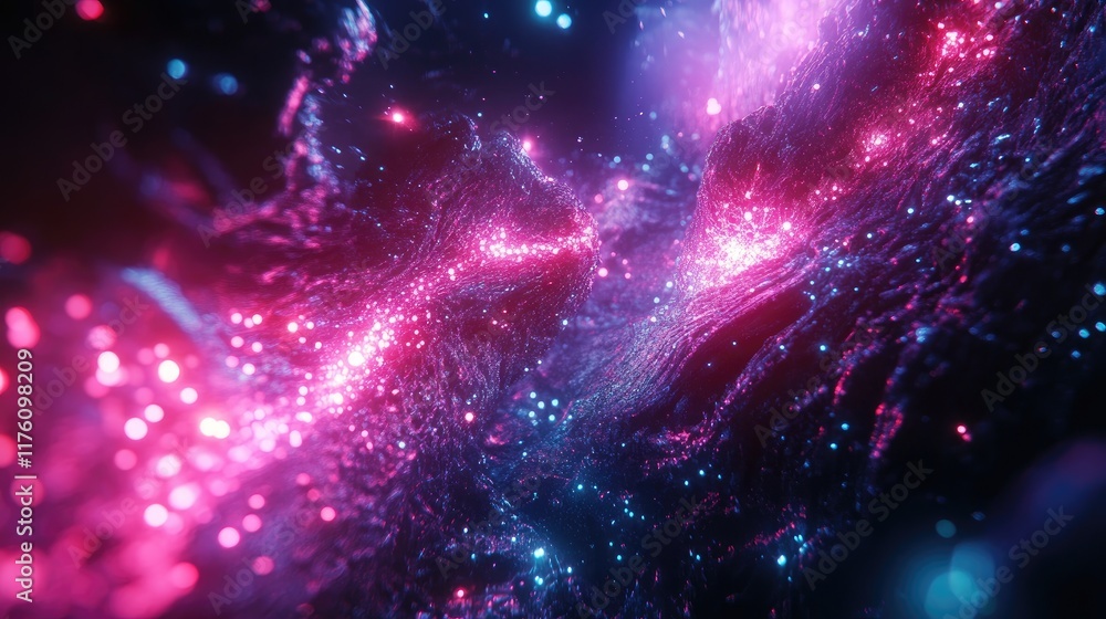 Poster A glowing abstract surface filled with luminous nodes, suspended in dark space, creating a futuristic and high-tech atmosphere.