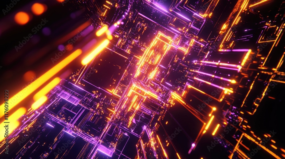 Poster A glowing abstract surface filled with luminous nodes, suspended in dark space, creating a futuristic and high-tech atmosphere.