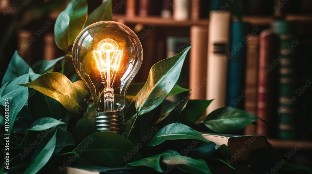 Poster a glowing light bulb surrounded by books and green leaves, set in a library, capturing the essence o