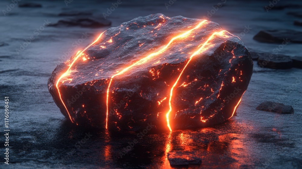 Poster a glowing rock with neon lines cutting through it, resting on a dark surface, embodying the essence 