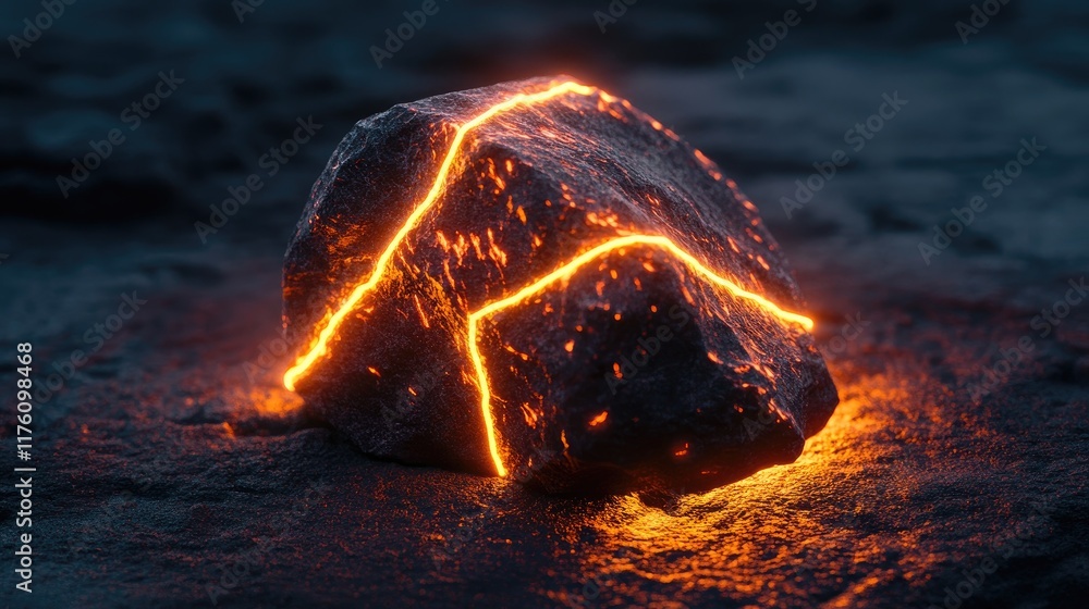 Aufkleber a glowing rock with neon lines cutting through it, resting on a dark surface, embodying the essence 