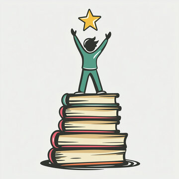 recommend clip art: A child student reaching for a star standing on a stack of books vector illustration, school education clip art element