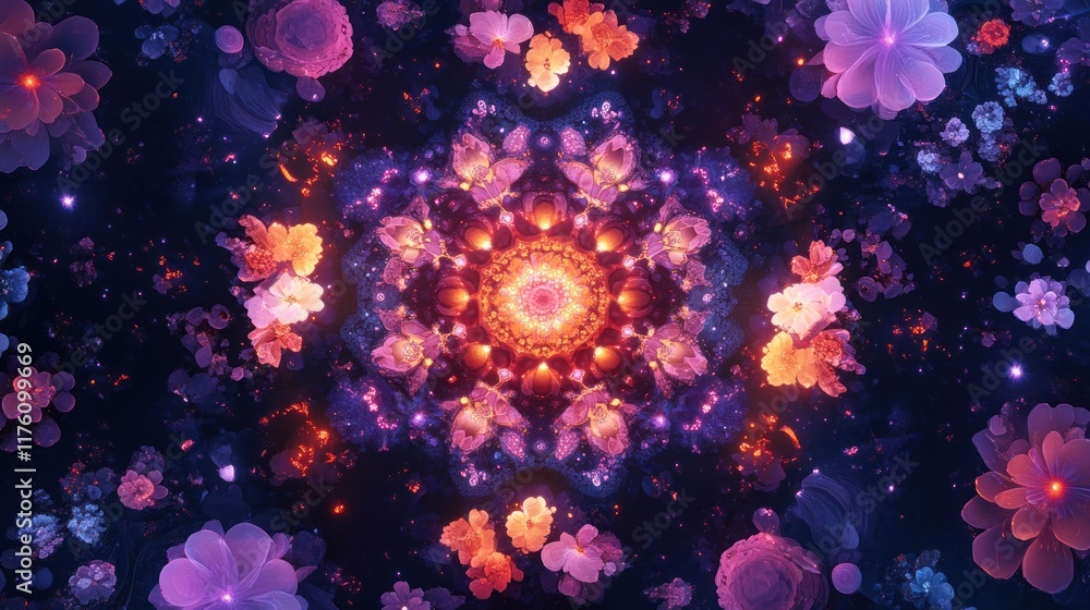 Poster vibrant floral kaleidoscope design with colorful blossoms and ethereal lights creating a stunning ab