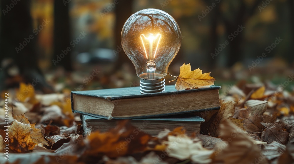 Poster a light bulb shining brightly amidst a pile of books and decorative leaves, symbolizing the spark of