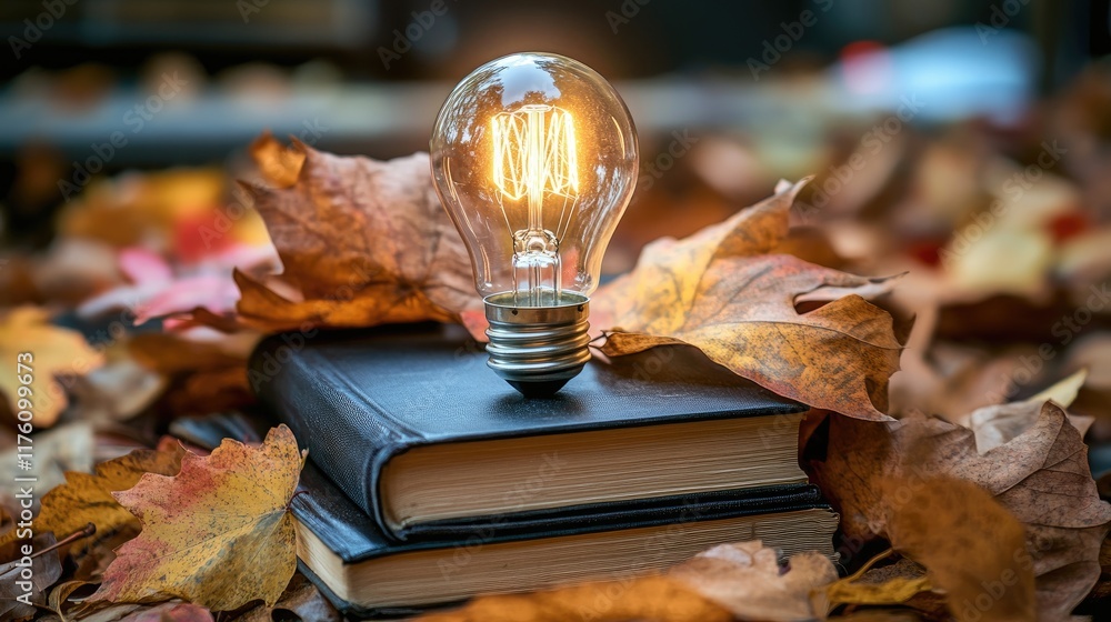 Poster a light bulb shining brightly amidst a pile of books and decorative leaves, symbolizing the spark of