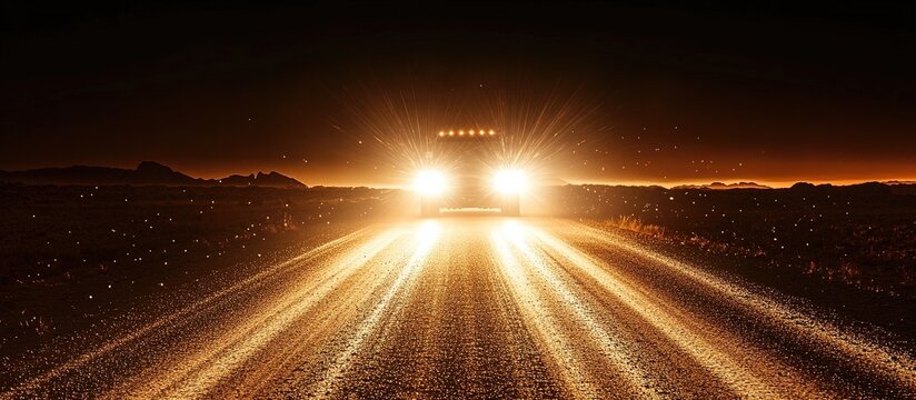 Truck headlights illuminate dusty road at night.