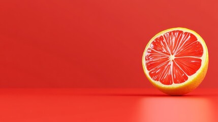 A vibrant half of a red grapefruit on a bright red background.