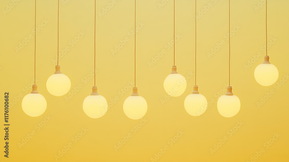Poster a minimalist design featuring a row of warm light bulbs, suspended against a soft yellow background,