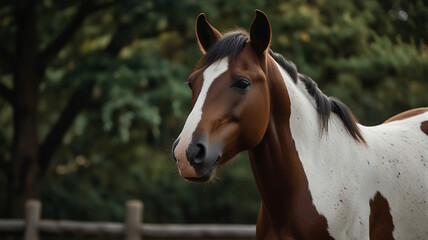 Naklejka premium Beautiful brown and white horse portrait on the farm
