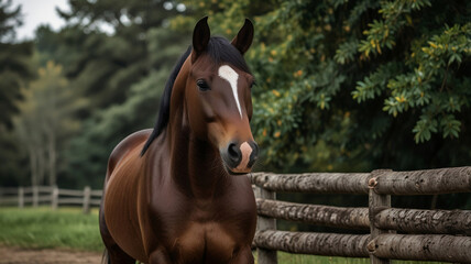 Obraz premium Brown horse portrait on a rural farm Setting