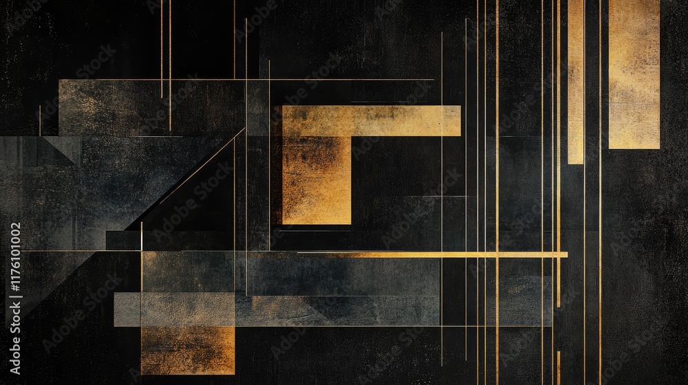 Poster a modern, abstract geometric design featuring dark rectangular shapes on a black background, offerin