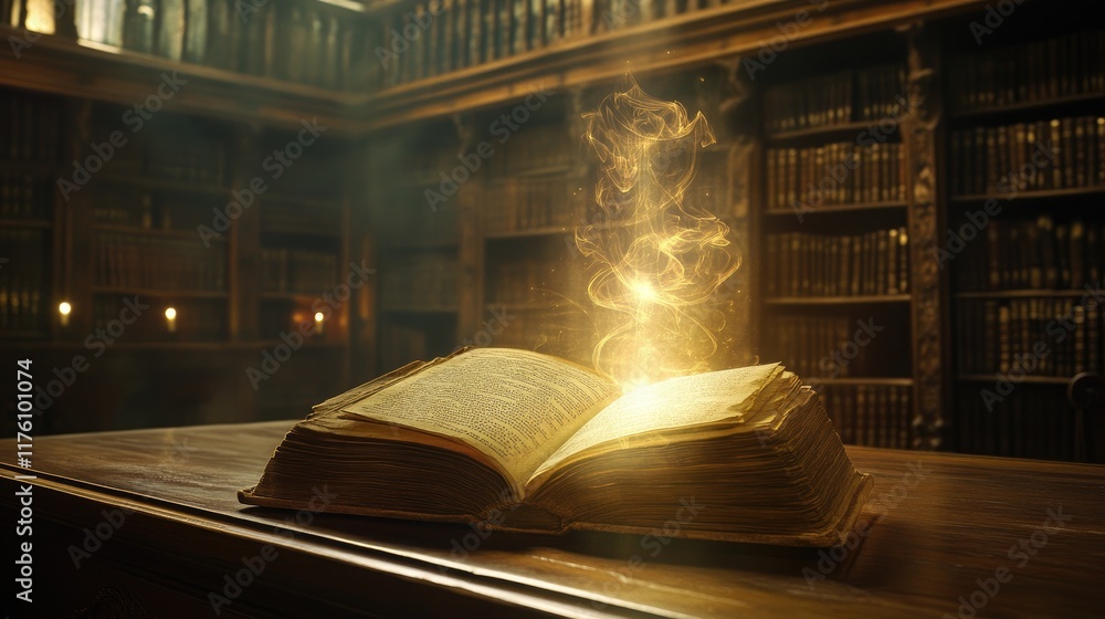 Poster A mysterious book with a glowing aura, open on a desk in a dimly lit library, casting an ethereal light in a quiet, enchanted space.