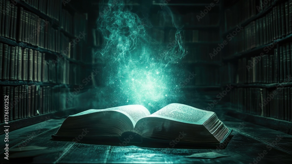 Poster a mystical book radiating with magical light in a shadowy library, surrounded by old books and dark 