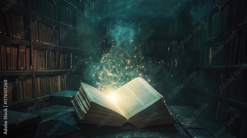 Poster a mystical book radiating with magical light in a shadowy library, surrounded by old books and dark 