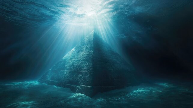 A mysterious underwater pyramid with sunlight piercing through the water, casting soft rays on the ocean floor and evoking a sense of wonder.