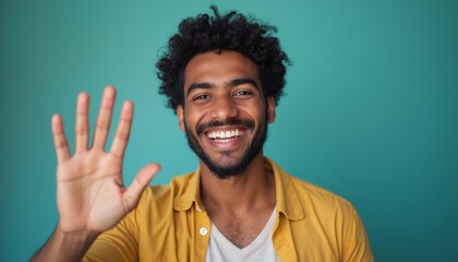 Fototapeta premium A joyful young man with curly hair and a beard greets the viewer with a warm smile and a raised hand against a vibrant teal background. His bright yellow shirt adds a pop of color, enhancing the