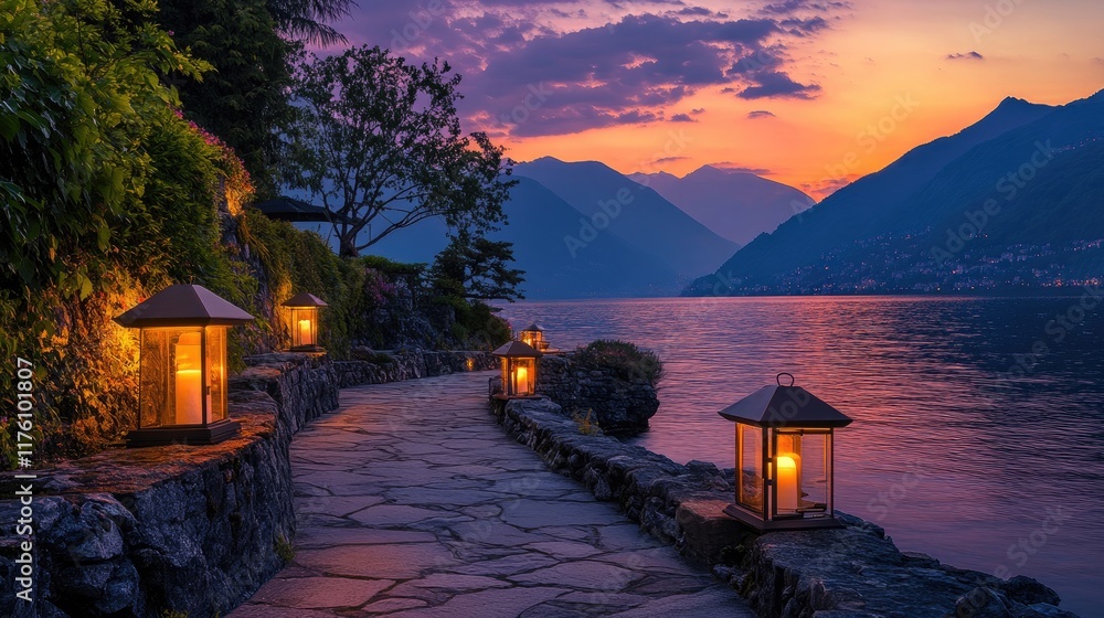 Poster a peaceful lakeside stone path at dusk, lit by glowing lanterns, with stunning mountain views in the