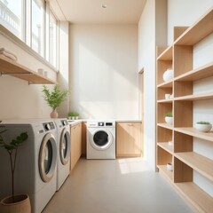 a spacious and well-designed laundry room that combines functionality with a modern aesthetic. Washer and Dryer. Benchtop. Cabinetry. Natural Light. Basin. Color Scheme. Flooring. 

